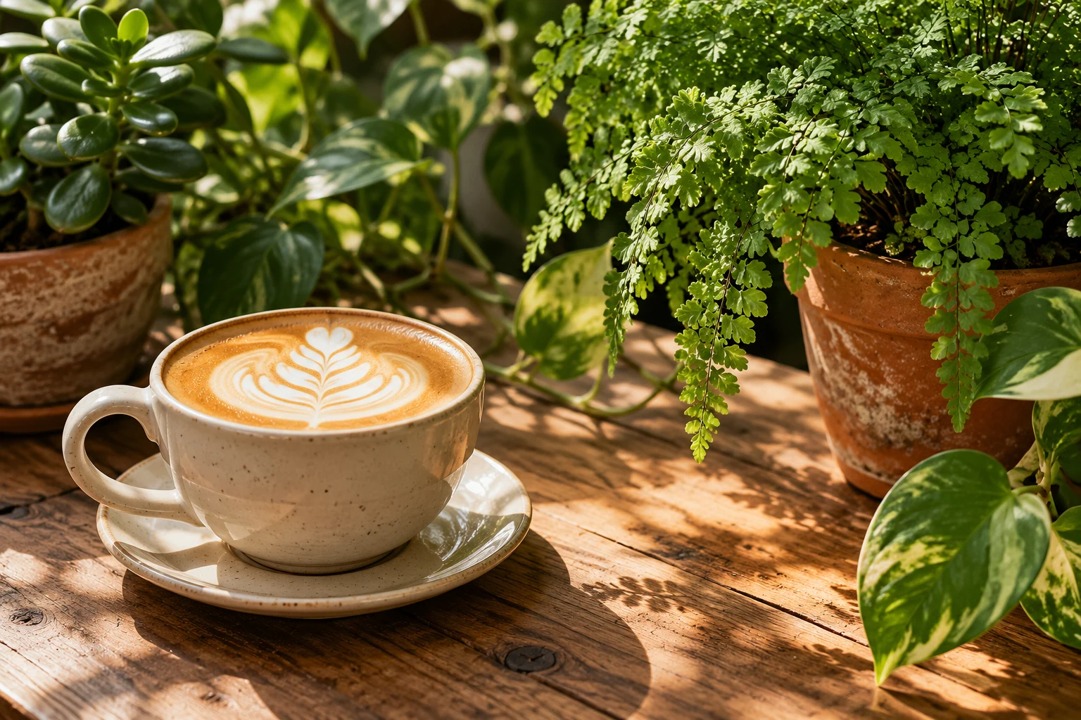 Café entre hojas y vegetación, concepto visual de campaña