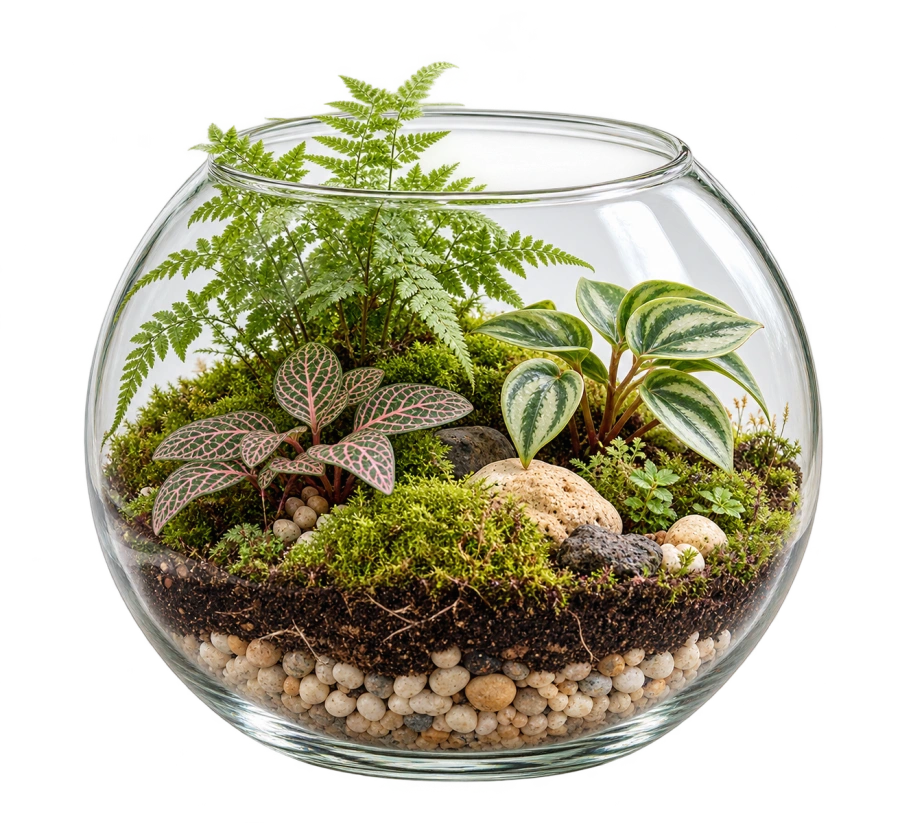 Terrario de vidrio con musgo, helechos y capas de tierra, imagen conceptual con IA